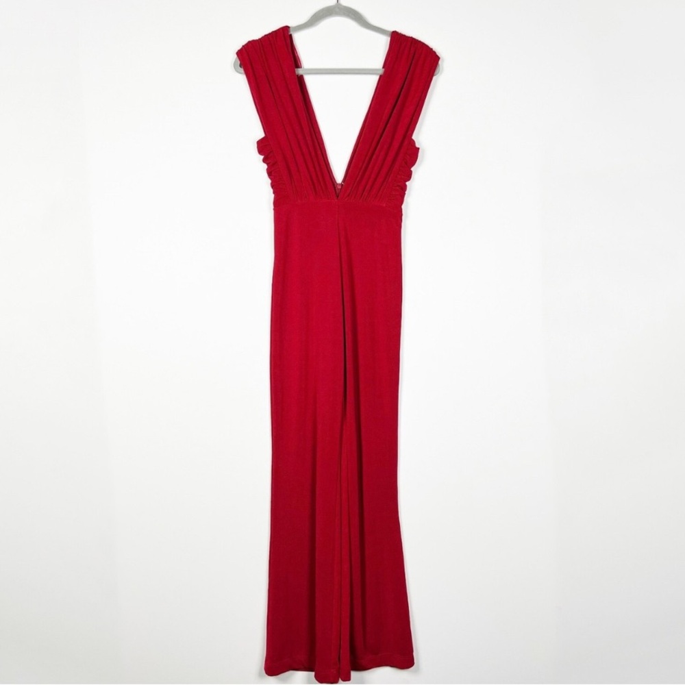 Misha Collection Stretch Knit Ruched Pleated Deep V Neck Jumpsuit Red